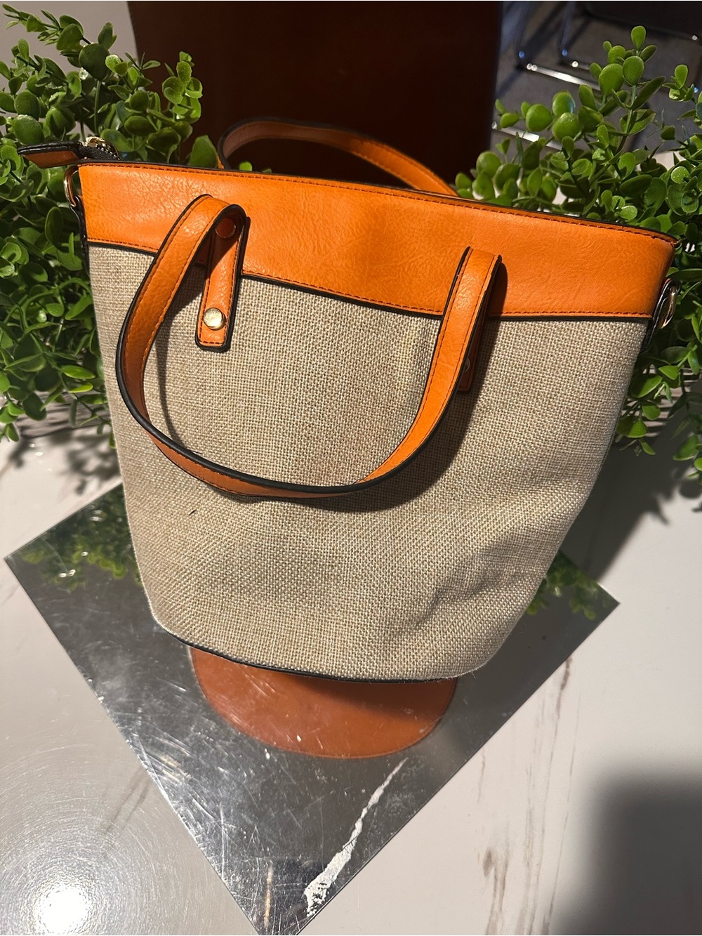 Canvas and Orange Leather Trim Bucket Tote - Unbranded